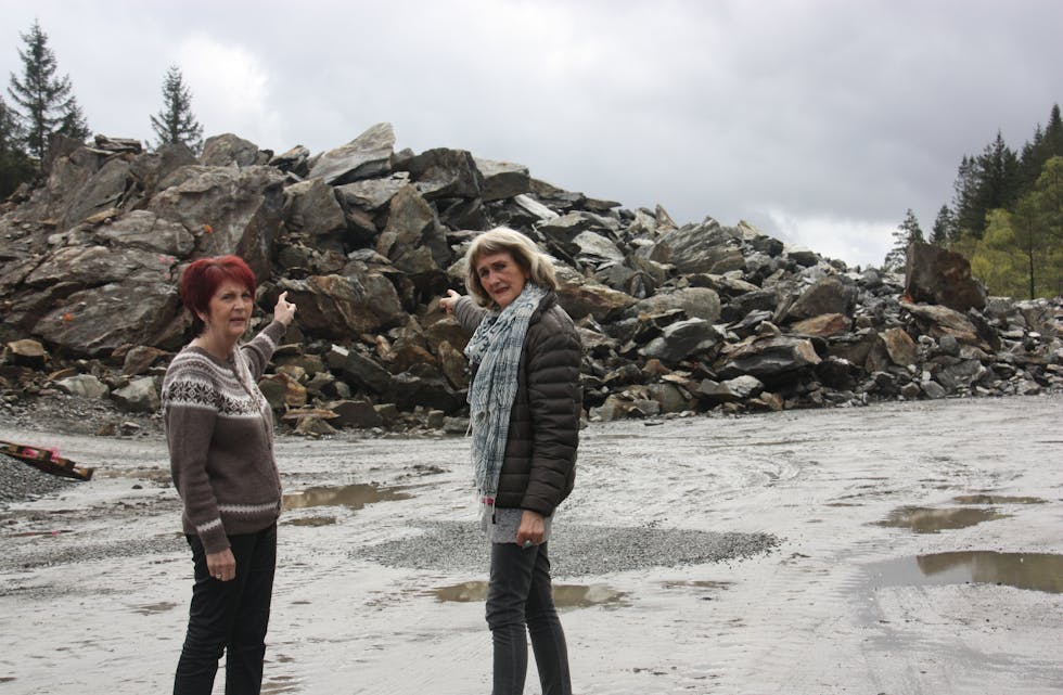 Johanna Opheim Evensen og Anne Margrethe Eidhammer fortvilar over at den tidlegare så frodige haugen er øydelagt. Foto: Irene M. Haraldsen