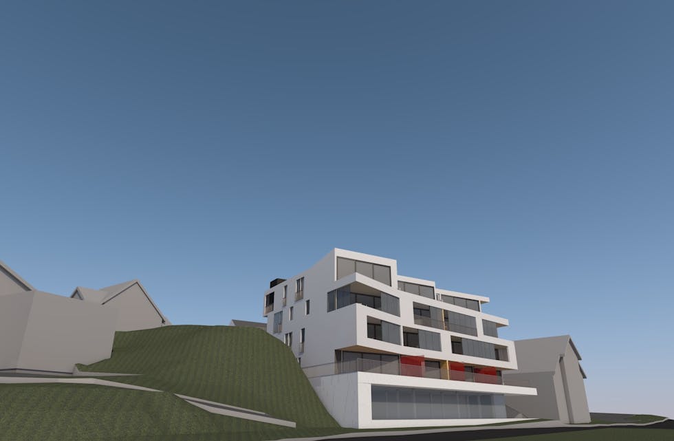 Slik er det nye leilegheitsbygget planlagt i Mulagata i Ølen sentrum, med næringslokale i første etasje.
Illustrasjon: Opus Arkitekter
