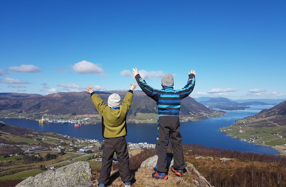 Flott utsikt over Ølsfjorden. Max Markhus-Økland og Leon Markhus-Økland er kongar på haugen.
Foto: Elisabeth Markhus