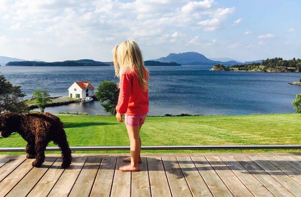 Hunden Bono og Hedda som nyt den flotte utsikta  på Skjersvik i Etne. 
Foto: Isabelle F. Myklebust