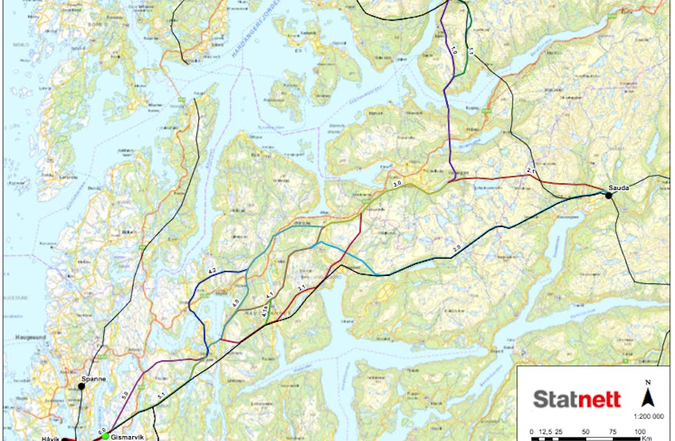 Statnett har lagt vekk fleire av traseaene på dette kartet, mellom anna kryssinga av Skjoldafjorden over Nes.
ILLUSTRASJON: STATKRAFT