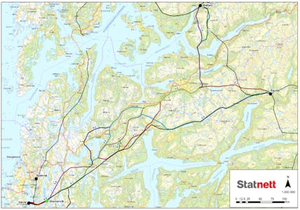 Statnett har lagt vekk fleire av traseaene på dette kartet, mellom anna kryssinga av Skjoldafjorden over Nes.
ILLUSTRASJON: STATKRAFT