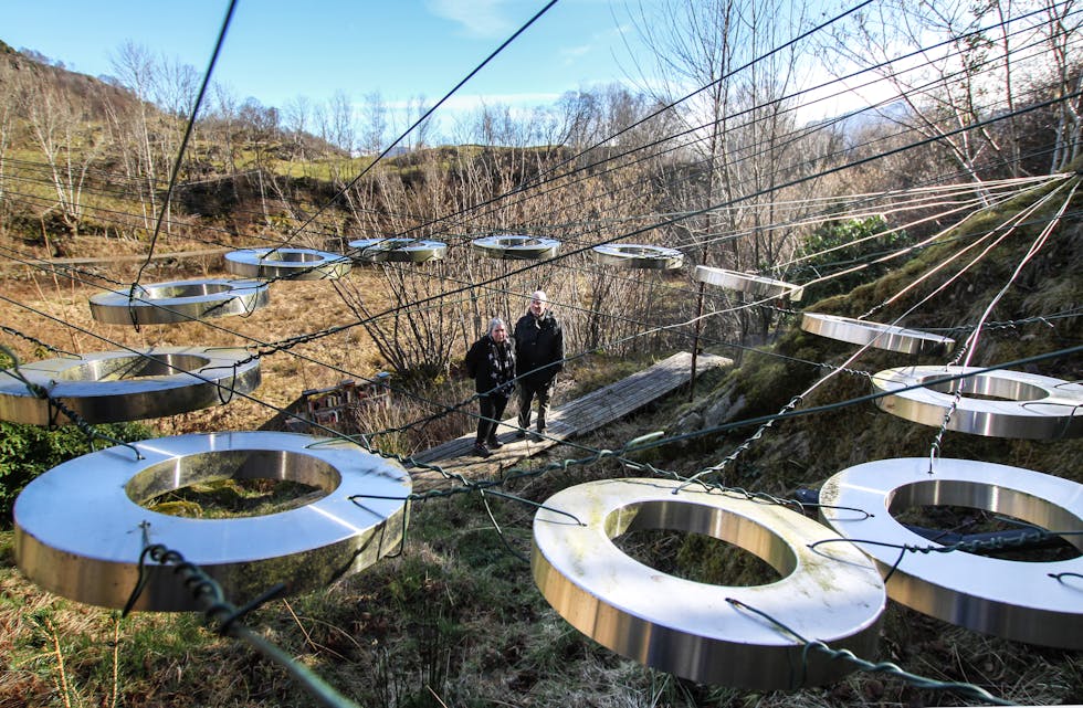 Gerda og Wim Weers er glade i kunst-hagen sin. Her ved installasjonen dei har kalla for IFO - identifisert flygande objekt.
FOTO: TORSTEIN TYSVÆR NYMOEN