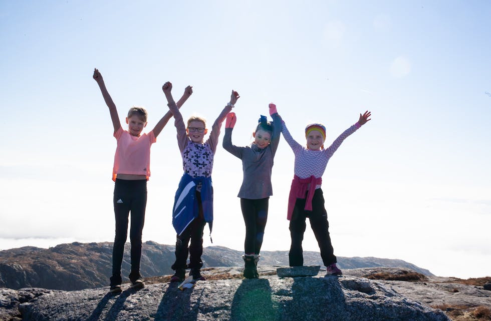 Søskenbarna Norah Hansen (9 år, t.v.), Tilde Hansen (7 år), Sofia Hansen (7) og Eiril Hansen (7) på toppen av Hodnafjell, 325 m.o.h. Foto: Anita Haugland