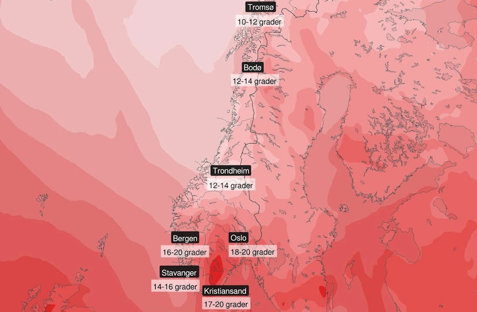 Kjøligare luft inntar landet søndag.
Illustrasjon: Meteorologane på Twitter
