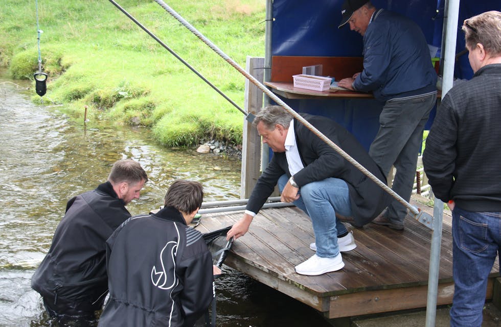 Cato Hauge t.v og David Thorsen ved fiskefella i Etneelva viser fiskeriminister Harald Tom Nesvik korleis fisken blir undersøkt. Johannes Kambo noterer resultata.
Foto: Irene Mæland Haraldsen