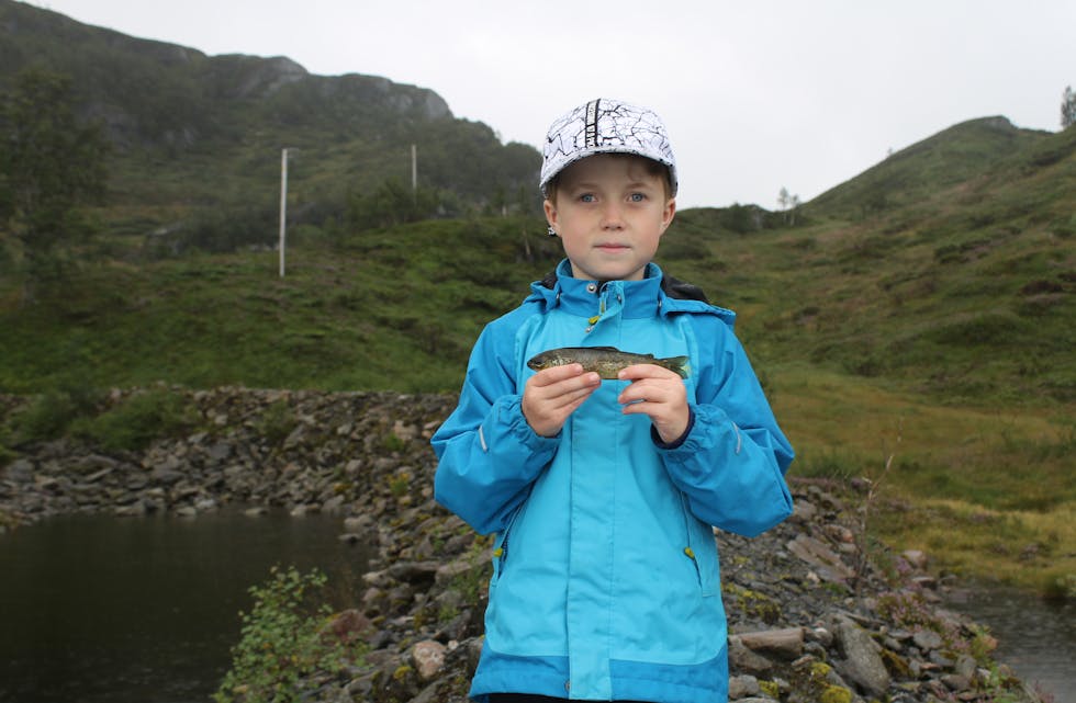 Ludvig Rygg Sørheim (8) fanga den første fisken på sundag. Han omtala denne auren som ein av dei minste fiskane han nokongong har fått.
Foto: Kristina Haugen Moe
