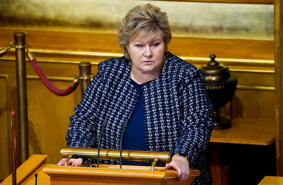 Statsminister Erna Solberg (H) gjorde greie for handteringa av koronapandemien i Stortinget måndag.
Foto: Håkon Mosvold Larsen / NTB