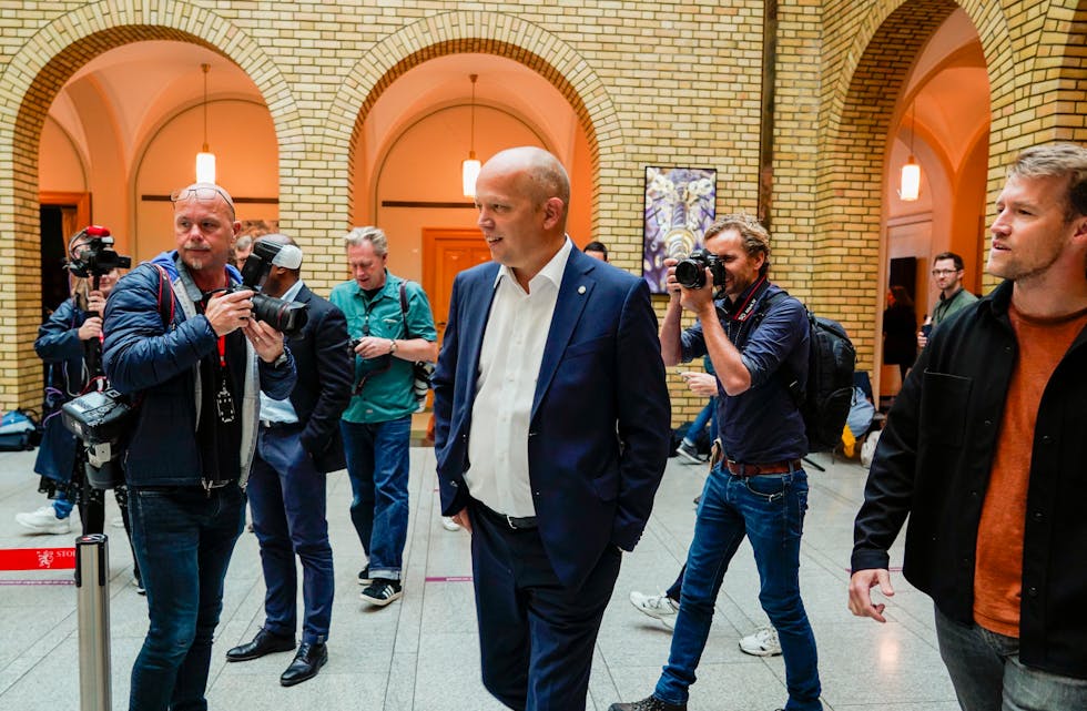 Sp-leiar Trygve Slagsvold Vedum under eit pressetreff etter sentralstyremøtet i partiet. Foto: Heiko Junge / NTB