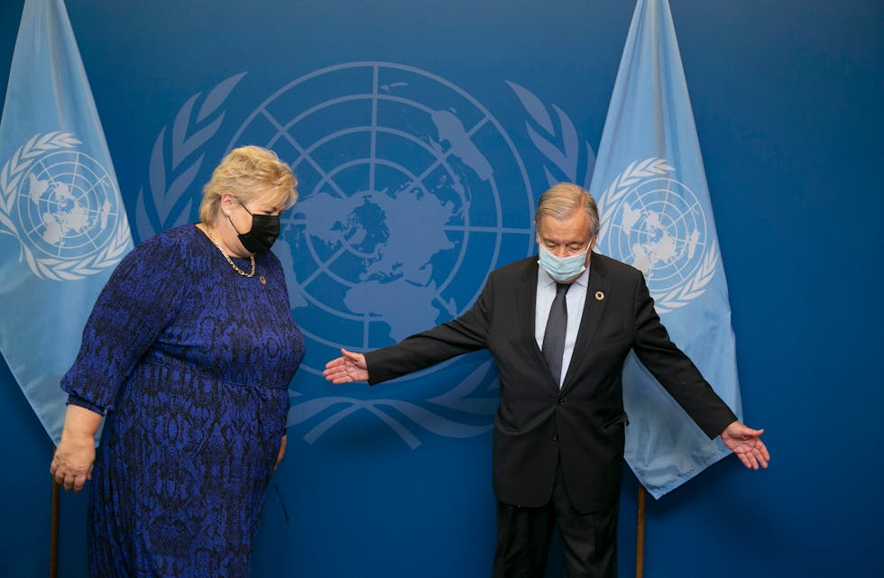 Statsministeren Erna Solberg under eit møte med FNs generalsekretær António Guterres. Foto: Pontus Höök / NTB