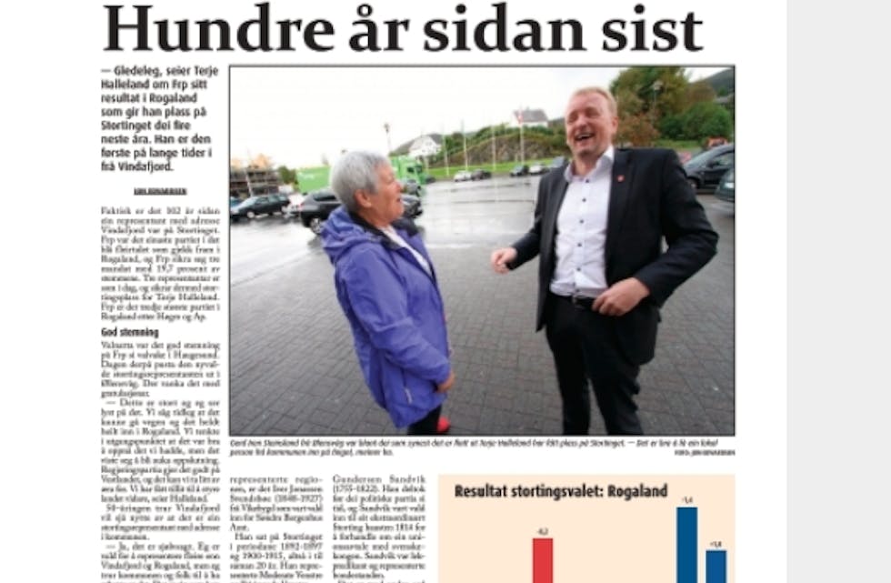 Historisk val for Frp i i VIndafjord for fire år sidan.
Faksimile Grannar 14. september 2017