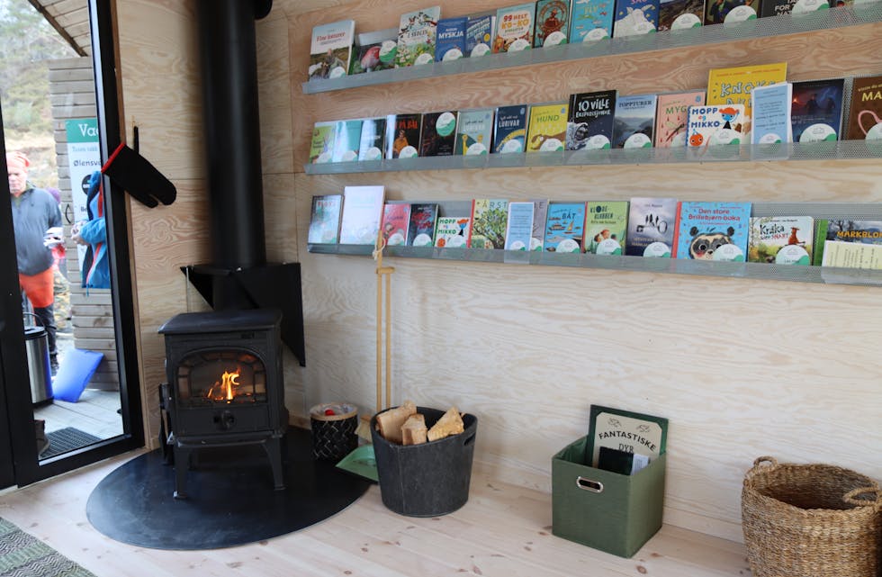 Inni begge hyttene er det både vedomn og og eit lite bibliotek med bøker på nynorsk.