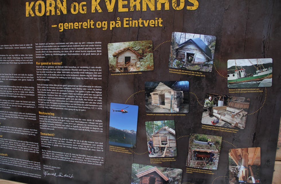 Infotavla ved det nyrestaurerte kvernhuset på Eintveit gir eit historisk tilbakeblikk.
Foto: Arne Frøkedal