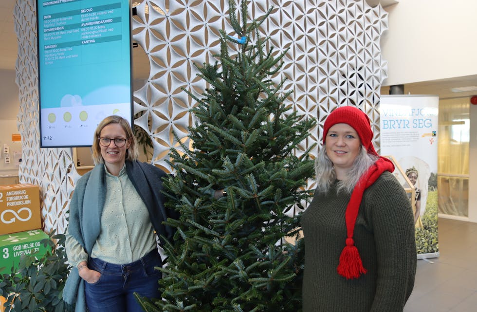 Anne Sofie Sandvik (f.v.) var glad for å få eit juletre i gåve frå Gudrun Margrete Dyrseth. Foto: Svein-Erik Larsen