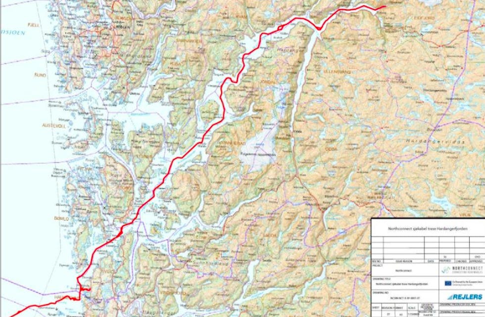 Nort Connect. Kartet viser omsøkt trasé frå Sima i Eidfjord til utløpet av Hardangerfjorden.
Illustrasjon: NVE