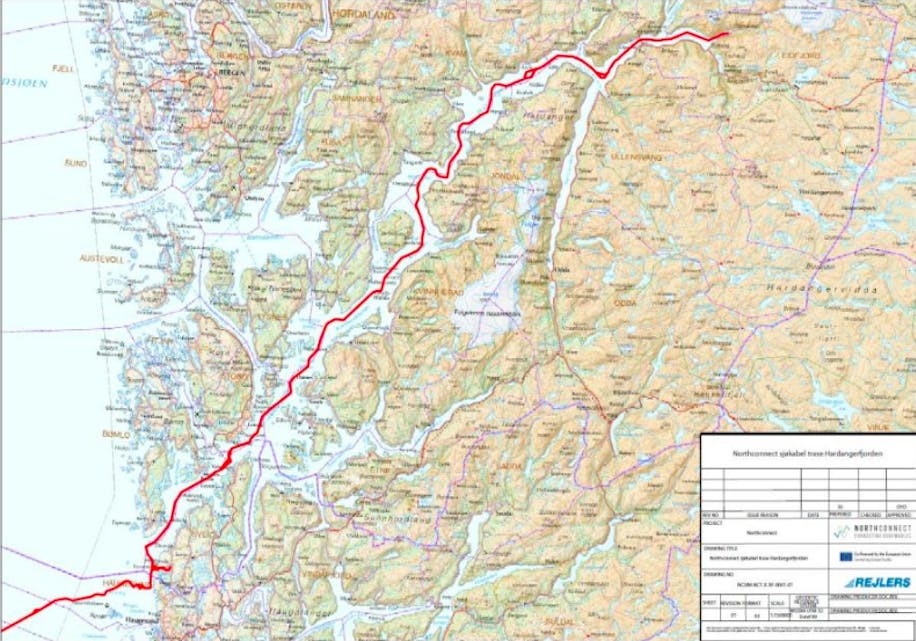Nort Connect. Kartet viser omsøkt trasé frå Sima i Eidfjord til utløpet av Hardangerfjorden.
Illustrasjon: NVE