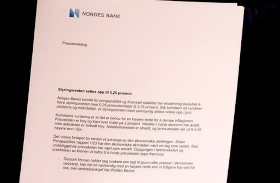 Styringsrenta blir sett opp til 3,25 prosent, meldte Noregs Bank torsdag. Foto: Frederik Ringnes / NTB / NPK